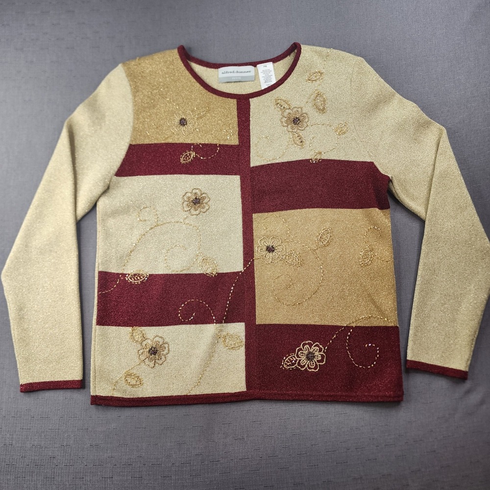 Alfred Dunner Sweater Gold Burgundy FSU Floral Beaded Metallic PM Grannycore Med